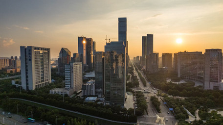 城市西安高新CBD全景晚霞日落