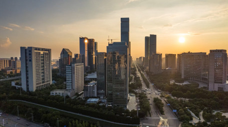 城市西安高新CBD全景晚霞日落