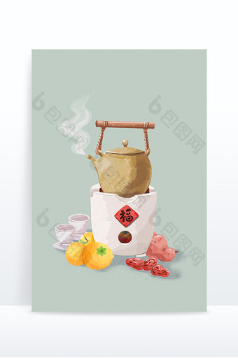 中国风手绘围炉煮茶组合元素3图片