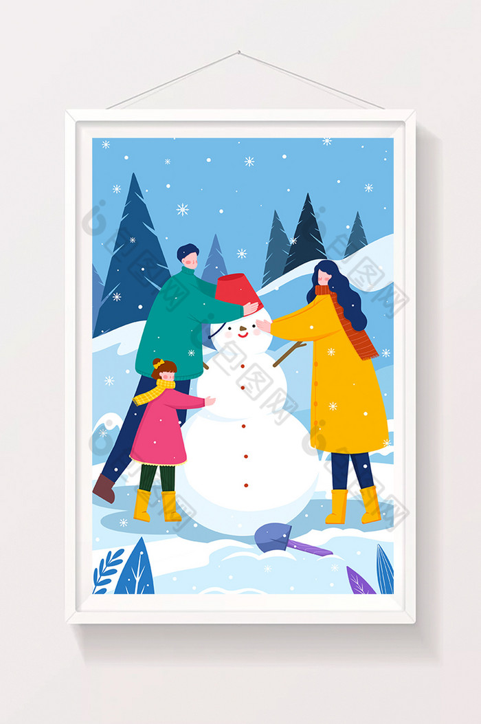 冬天温馨一家人堆雪人插画图片图片