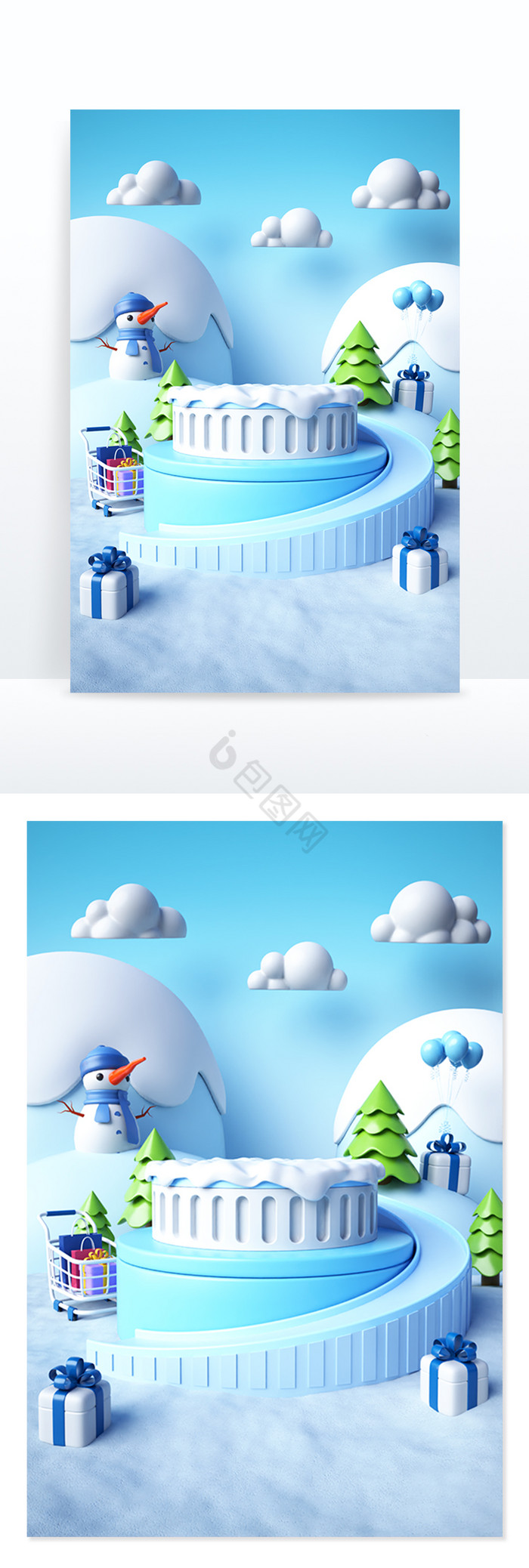 C4D创意卡通雪山雪人冬季展台