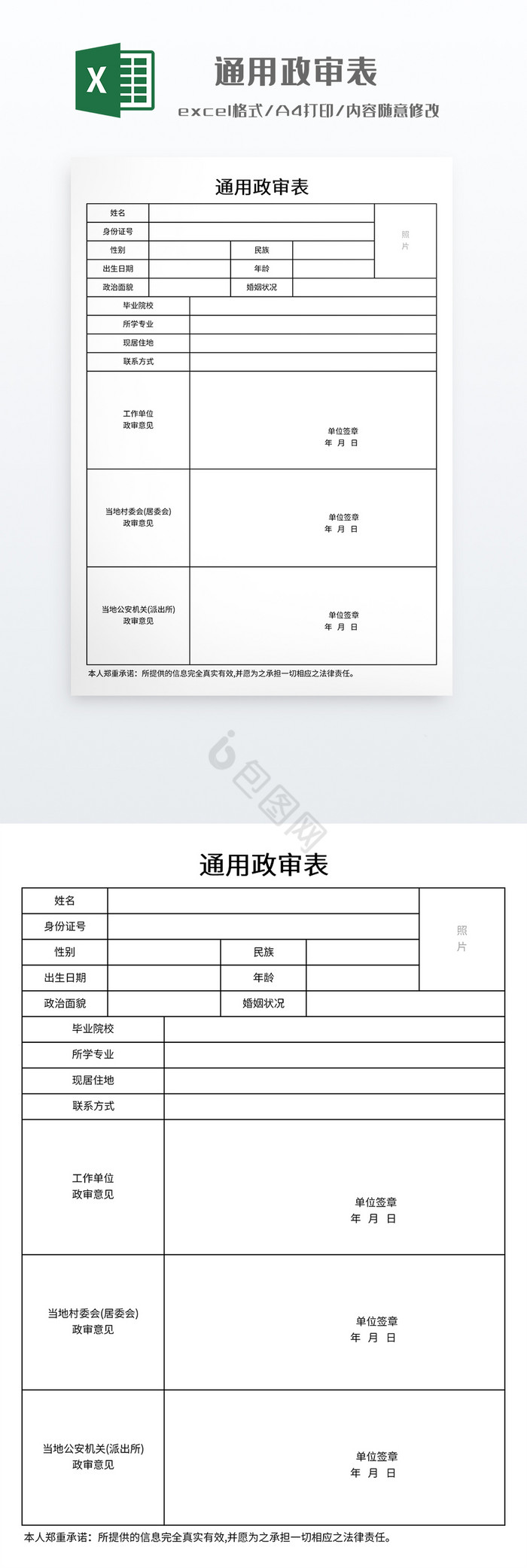 简约风格通用政审表