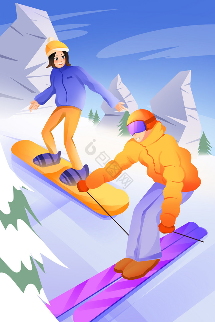 冬季运动滑雪运动员雪山插画