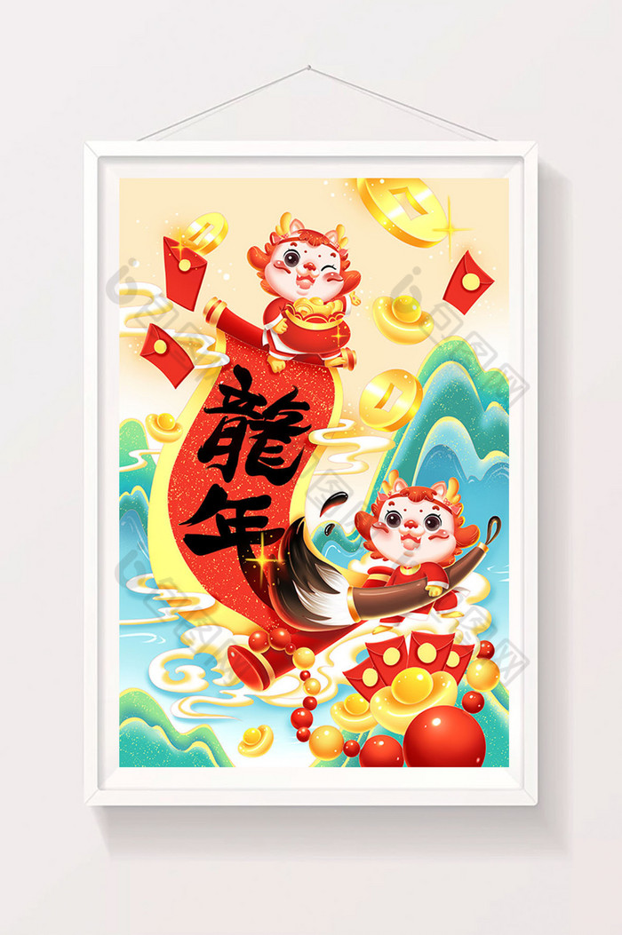 龙年春节小龙抱福袋插画图片图片