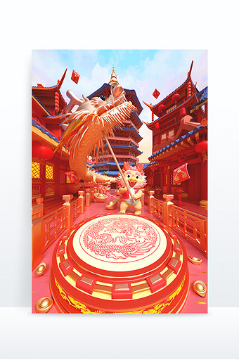 3D立体中式风格中国龙年创意场景图片