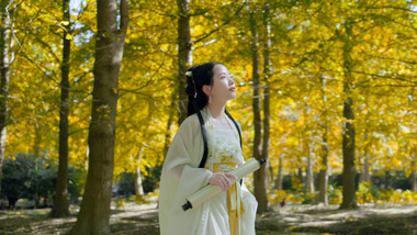 唯美汉服美女行走在银杏树中实拍