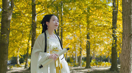 唯美汉服美女行走在银杏树中实拍