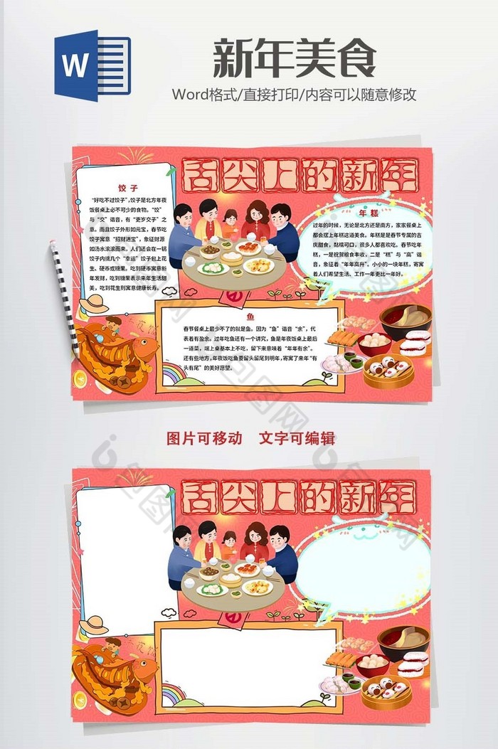 卡通风新年美食小报Word模板图片图片