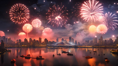 城市夜景烟花背景视频