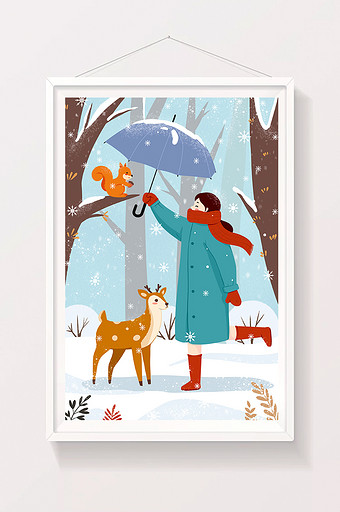 小清新女孩小动物雪天撑伞插画图片