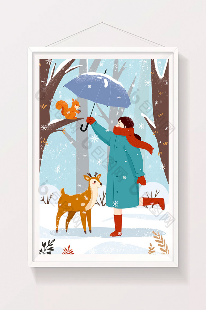 女孩小动物雪天撑伞插画图片图片
