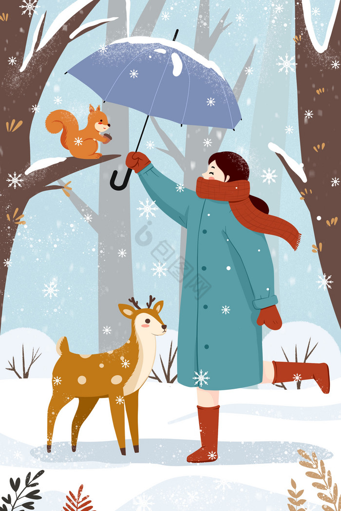 女孩小动物雪天撑伞插画