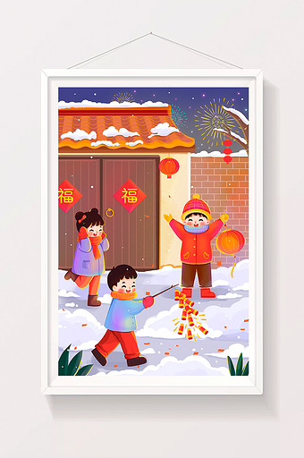 新年春节放鞭炮的孩子们插画图片