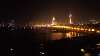 城市青岛建筑CBD滨海夜景航拍