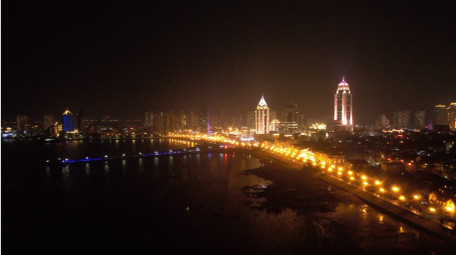 城市青岛建筑CBD滨海夜景航拍