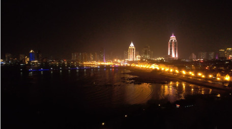 城市青岛建筑CBD滨海夜景航拍