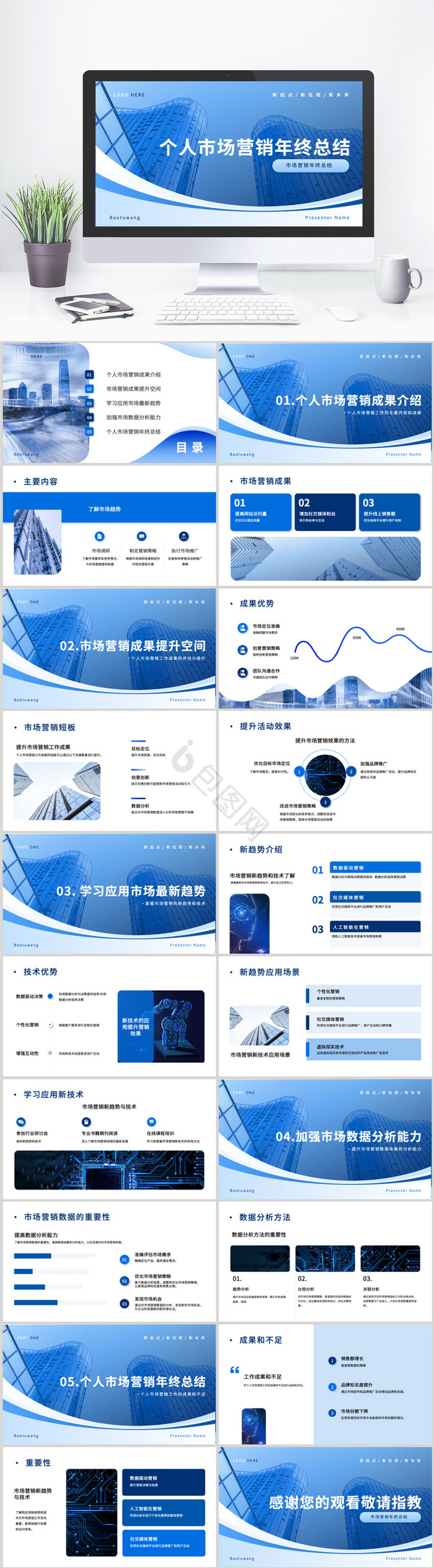 蓝色市场营销年终总结PPT模板