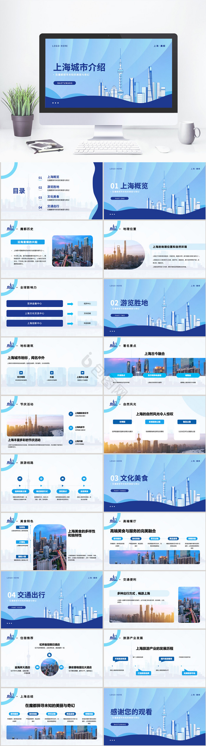 蓝色上海城市旅游介绍PPT模板