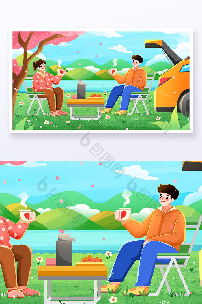 春季户外活动露营春游的情侣插画图片图片