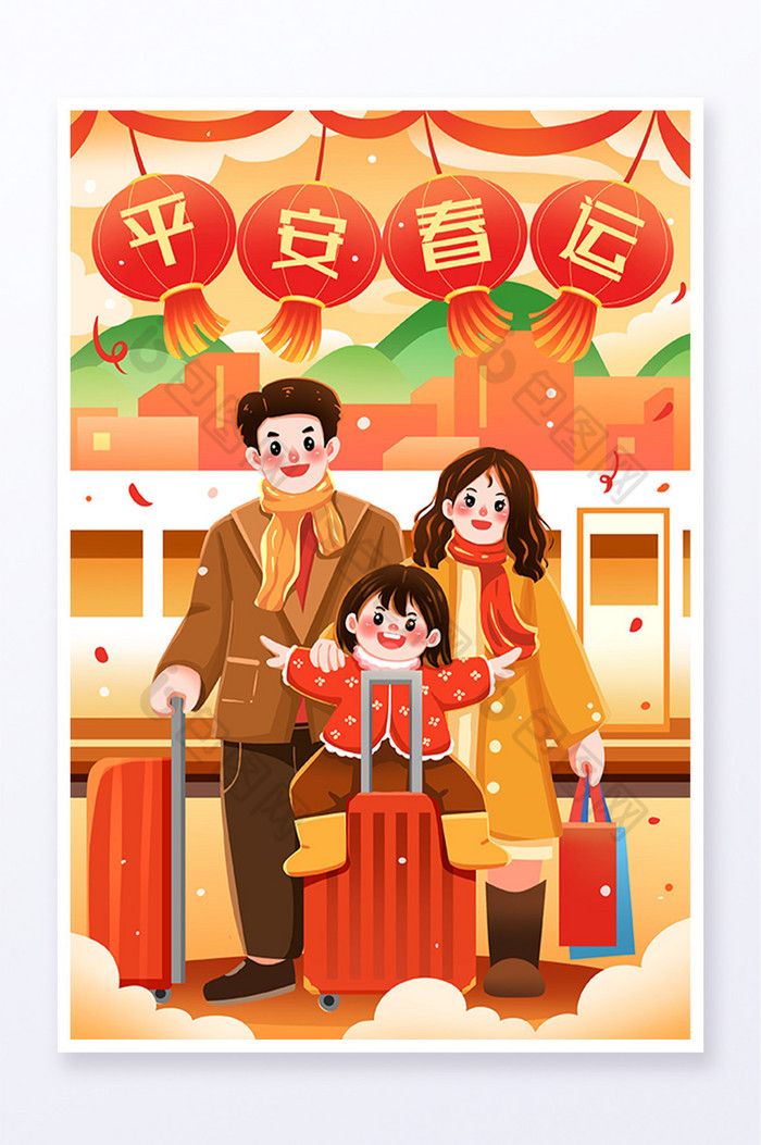 春节春运坐火车回家的一家人插画图片图片