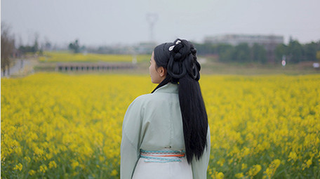 唯美美女在菜花田中欣赏风景实拍