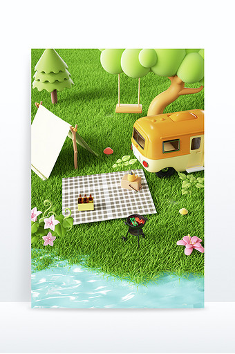 春季出游清新3D野餐露营场景图片