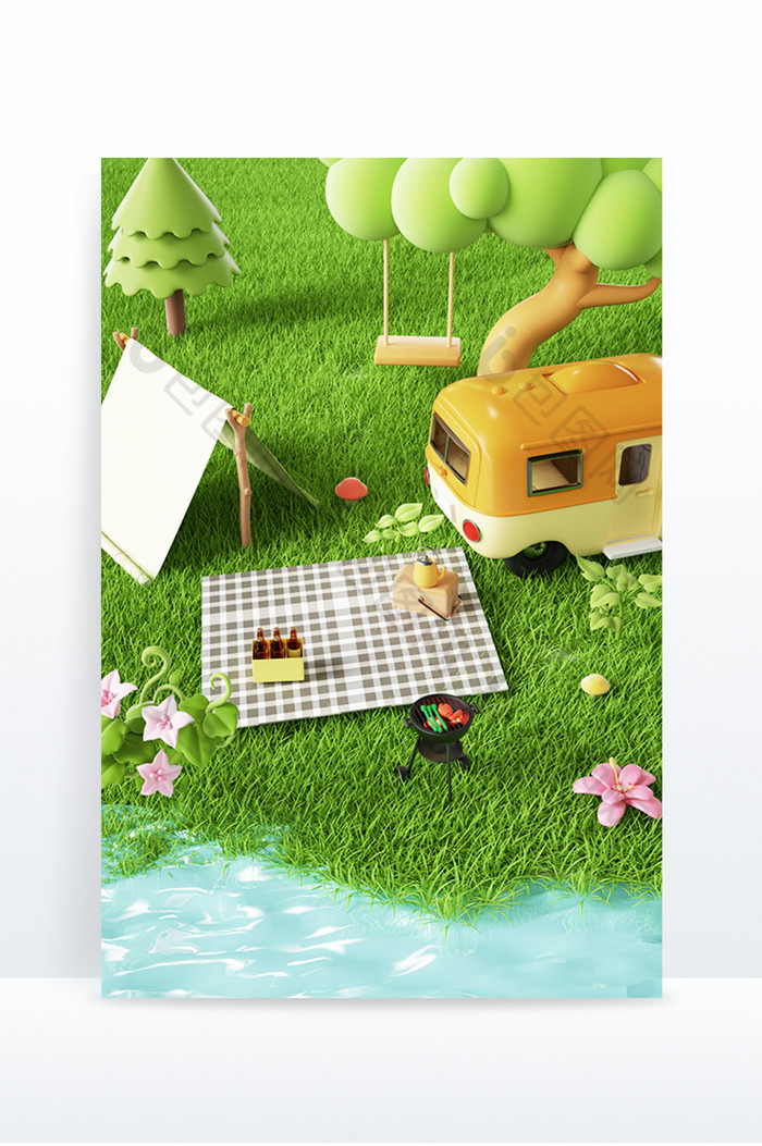春季出游清新3D野餐露营场景图片图片