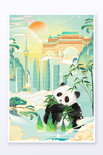 国潮中国风成都熊猫城市建筑插画图片