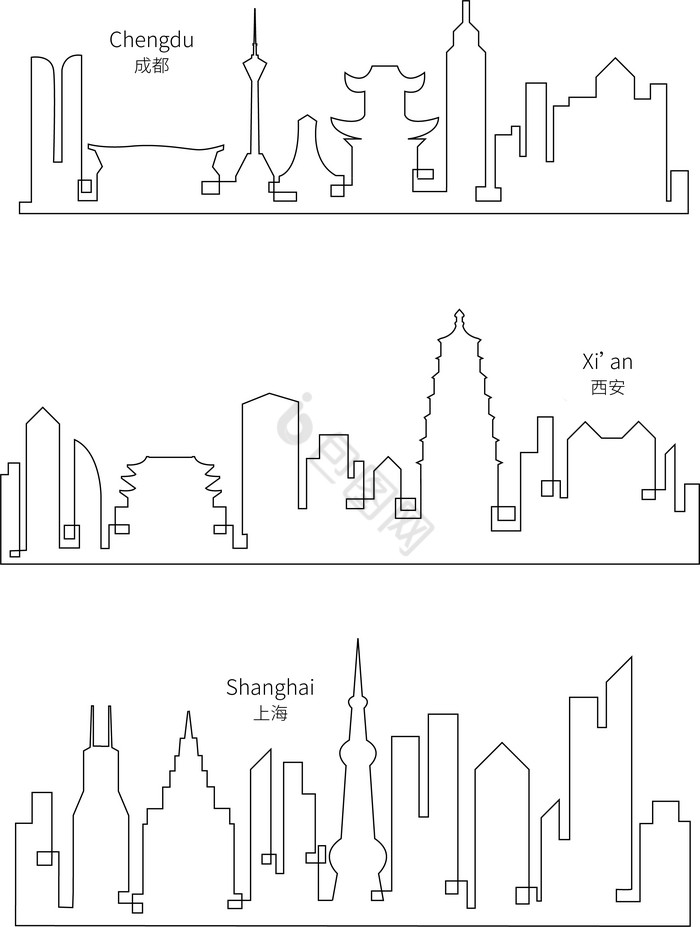 一线城市天际线西安建筑线描