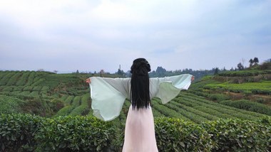唯美风汉服美女感受自然背影实拍