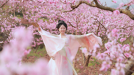 唯美风汉服美女桃园转圈起舞实拍