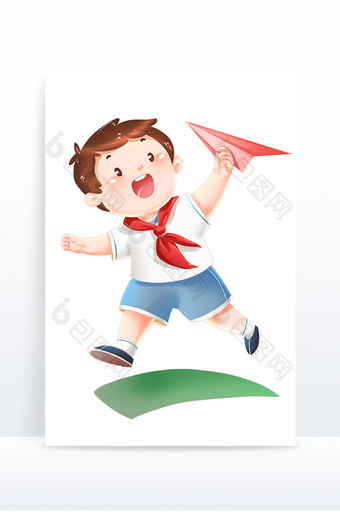 儿童节卡通小学生红领巾拿纸飞机图片