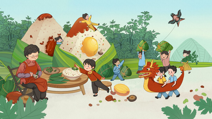 端午节团圆包粽子儿童欢乐插画