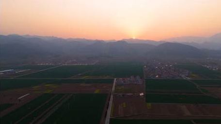 初夏夕阳下的麦田航拍