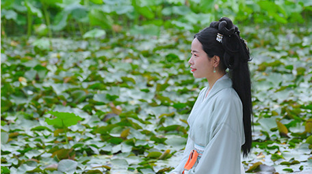 汉服美女荷塘赏荷花休闲纳凉实拍