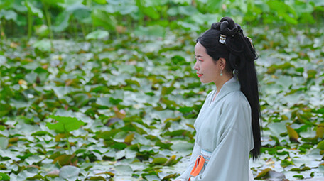 汉服美女荷塘赏荷花休闲纳凉实拍