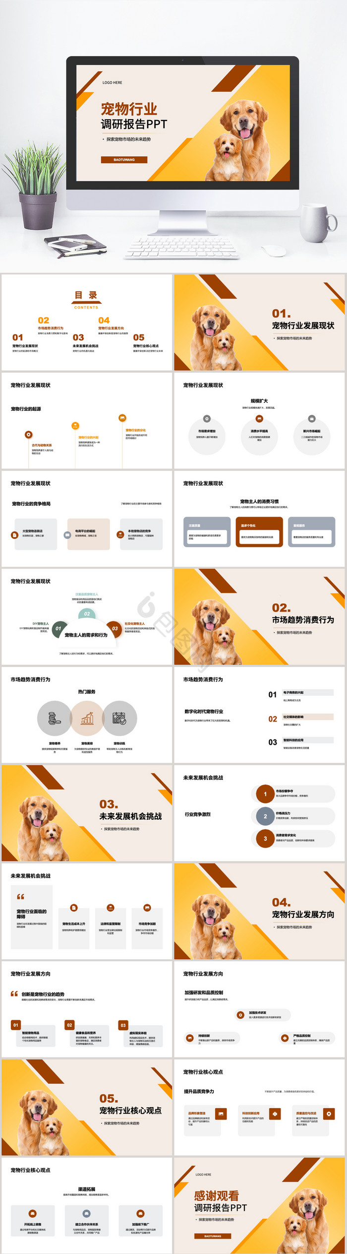 黄色宠物行业调研报告PPT模板