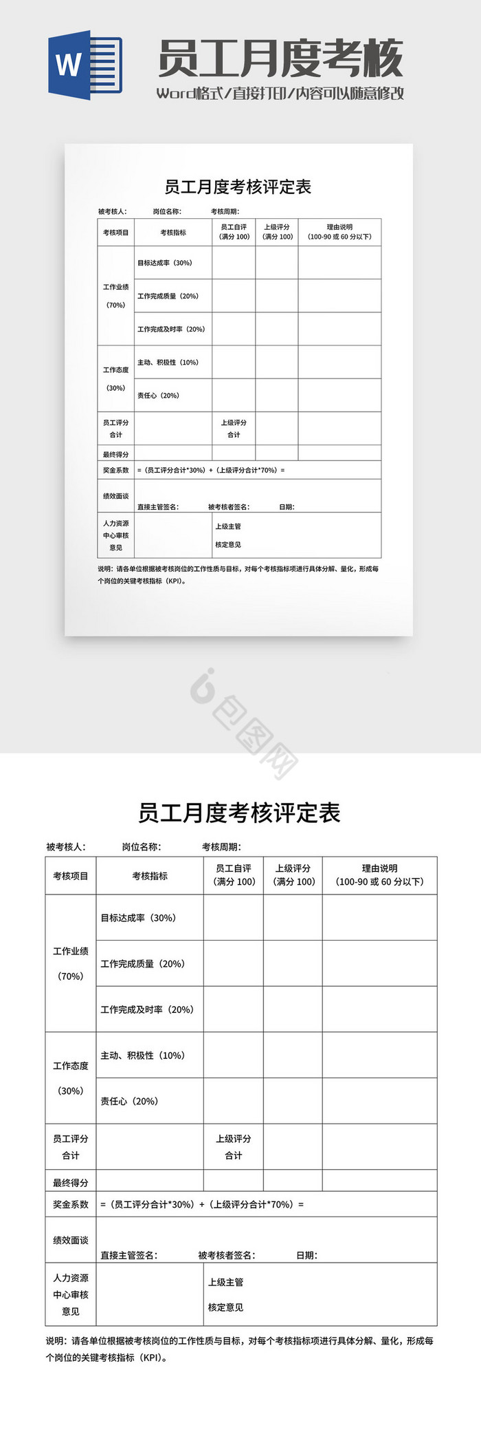 员工月度考核评定表Word模板