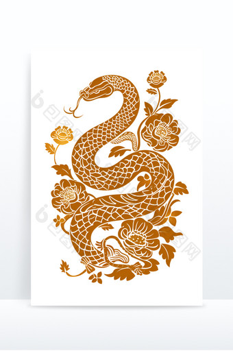 金色蛇与花卉图案蛇年IP免抠元素图片