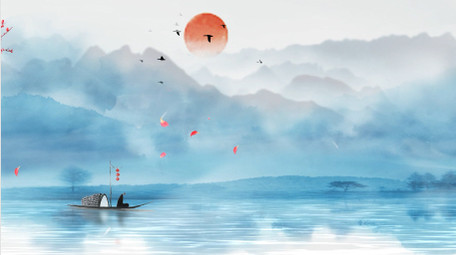 古风水墨晕染山水日落效果背景视频