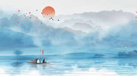 古风水墨晕染山水日落效果背景视频