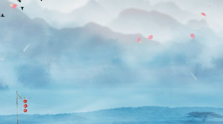 古风水墨晕染山水日落效果背景视频