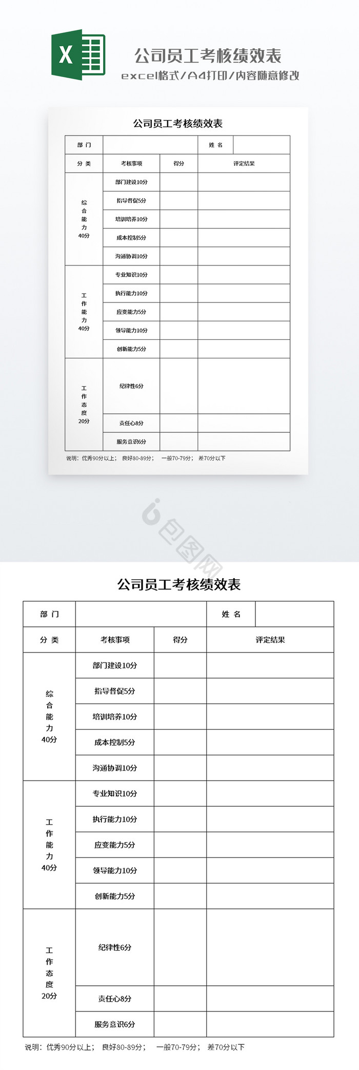 简约风格公司员工考核绩效表