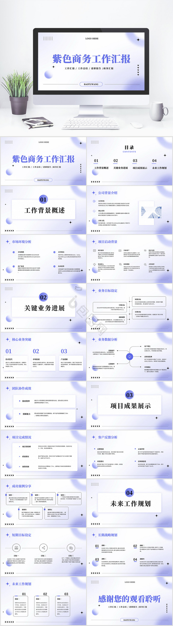 紫色简约商务风年终总结工作汇报PPT模板