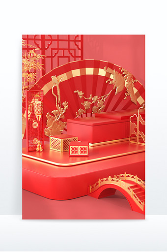 新年春节红色喜庆年货电商促销古风展台图片