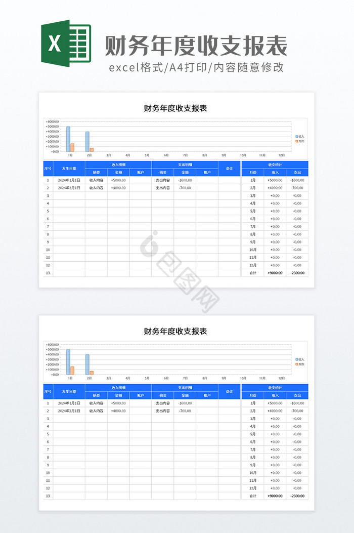 蓝色实用财务年度收支报表