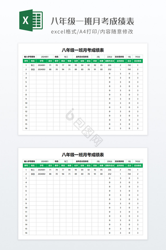 绿色调八年级一班月考成绩表