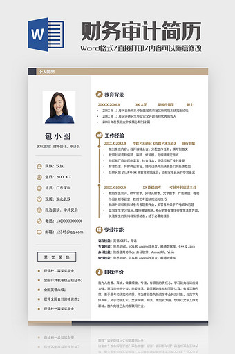蓝棕简约财务审计简历Word模板图片