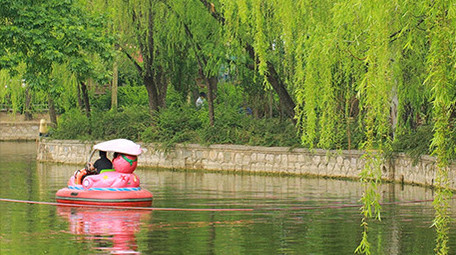 亲子乘坐游船小船泛舟湖上湖面杨柳实拍