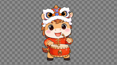 敲锣打鼓可爱马年形象三维动态元素AE模板